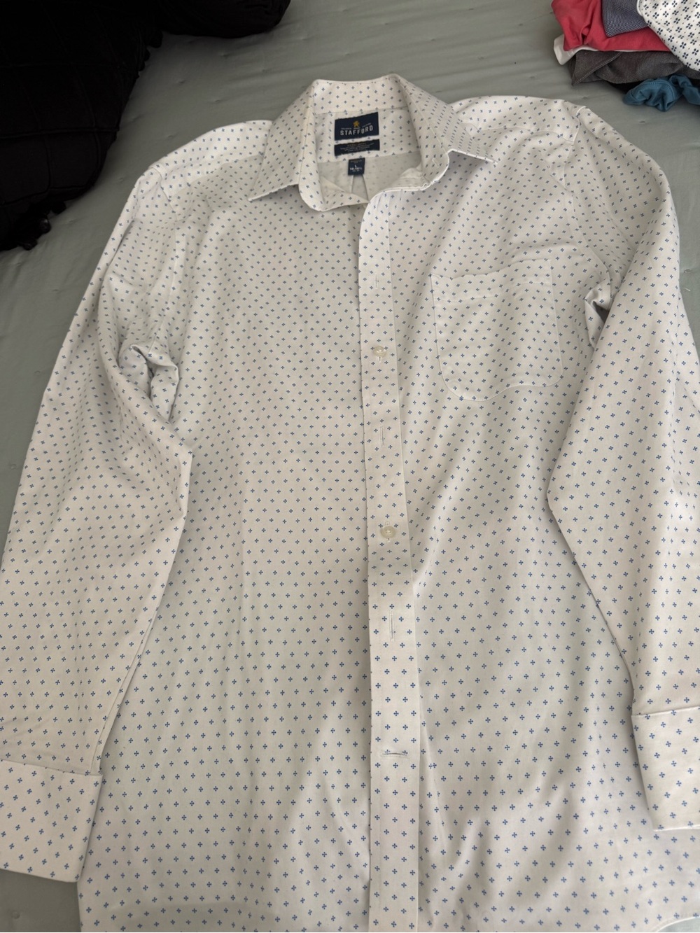 Stafford White Dress Shirt with Blue Micro Pattern